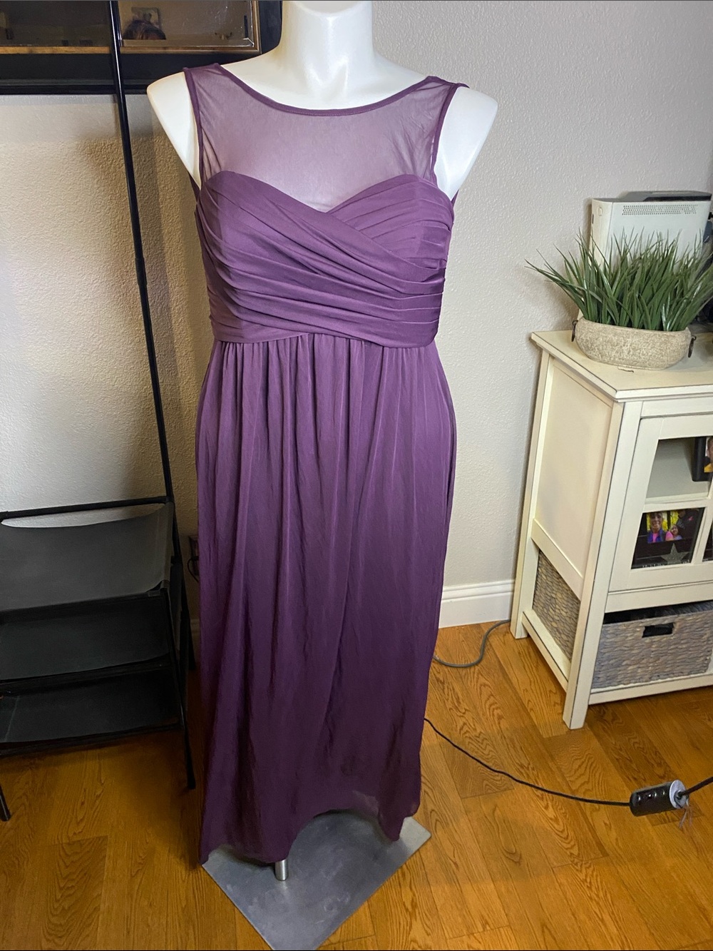 Sleeveless Mesh Yoke Maxi Dress in Plum
